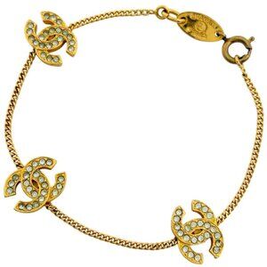 Chanel CC Logo Rhinestone Bracelet Gold Plated